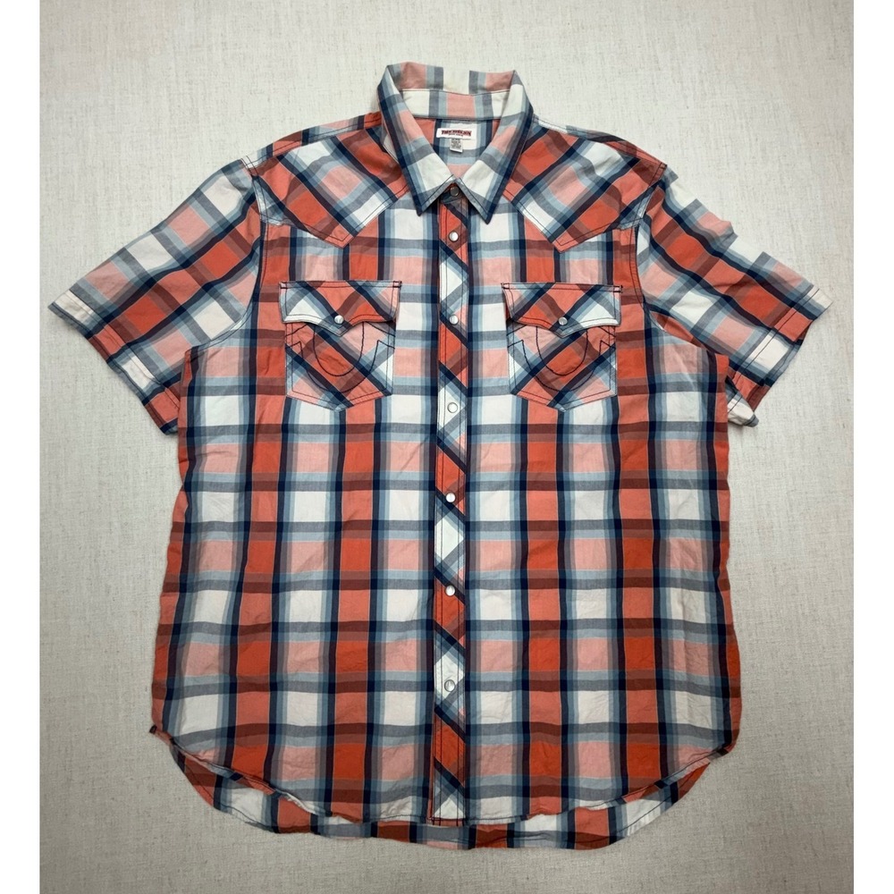 True Religion Mens 2XL Western Plaid Short Sleeve Pearl Snap Shirt Orange Blue